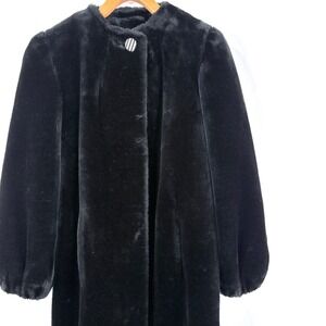 Trix II Lou Nierenberg Faux Fur Coat Black Vintage Collarless USA Sz 6 Mob Wife